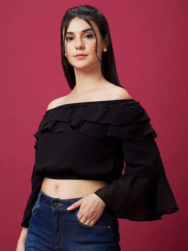 Globus Women Black Solid Off Shoulder Ruffled Flared Sleeve Crop Party Top