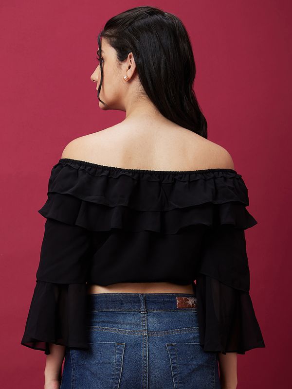 Globus Women Black Solid Off Shoulder Ruffled Flared Sleeve Crop Party Top