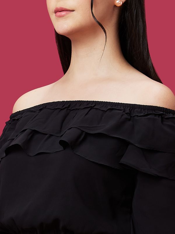 Globus Women Black Solid Off Shoulder Ruffled Flared Sleeve Crop Party Top