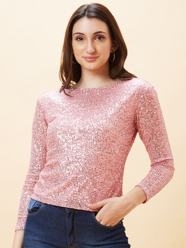 Globus Women Pink Long Sleeve Sequinned Party Top