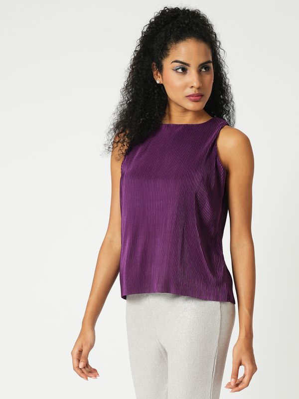 Globus Women Purple Round Neck Sleeveless Accordian Pleats Party Top