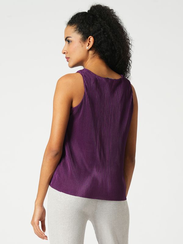 Globus Women Purple Round Neck Sleeveless Accordian Pleats Party Top