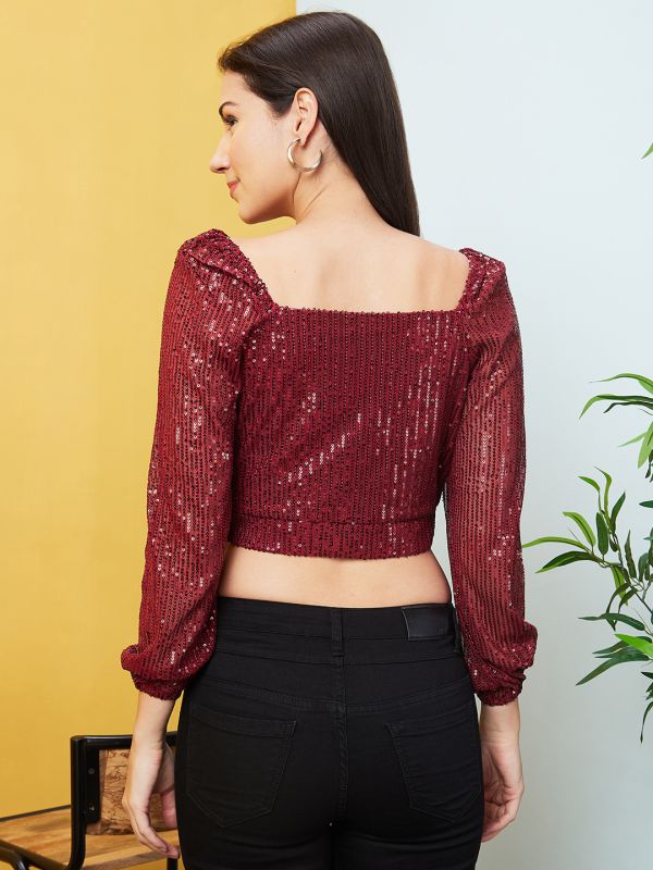 Globus Women Maroon Wrap Neck Raglan Sleeves Sequinned Party Crop Top