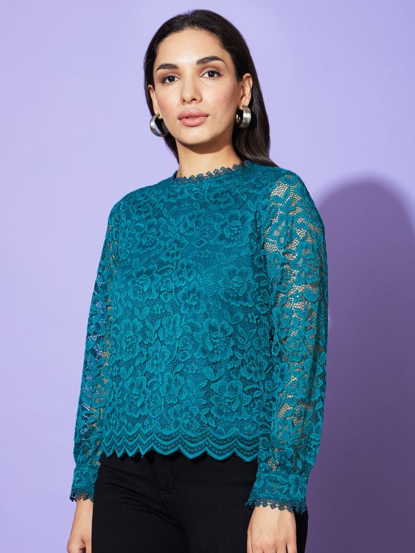 Globus Women Bottle Green High Neck Long Sleeves Floral Lace Party Top