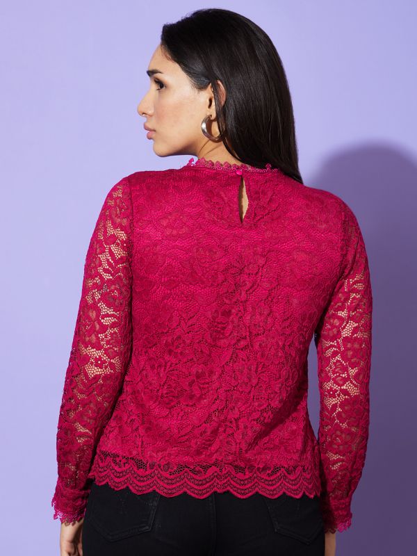 Globus Women Wine High Neck Long Sleeves Floral Lace Party Top