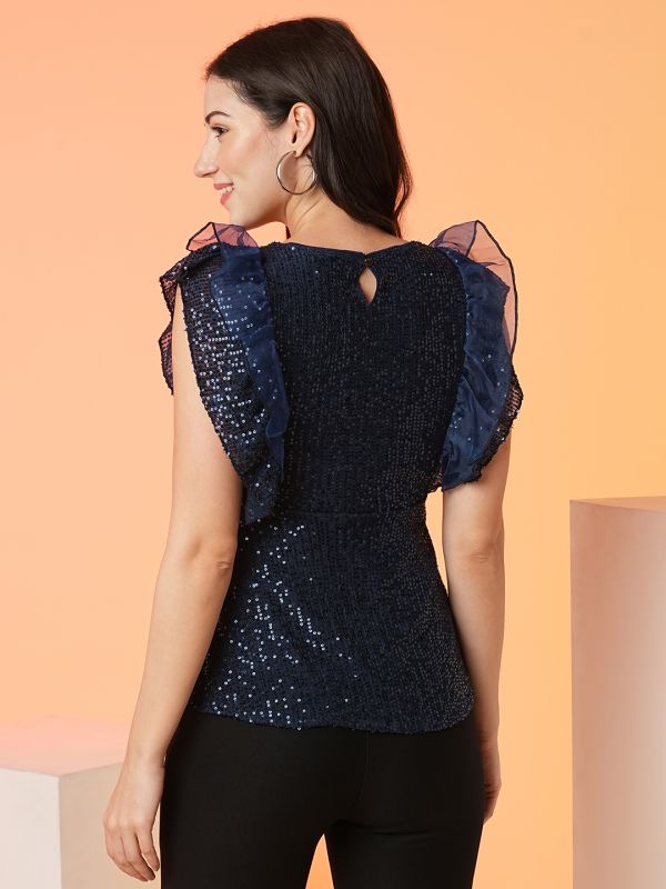 Globus Women Blue Frill Sleeve Party Sequin Top