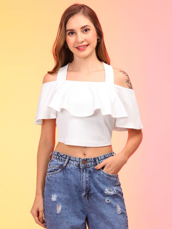 Globus Women White Off Shoulder Bardot Crop Top