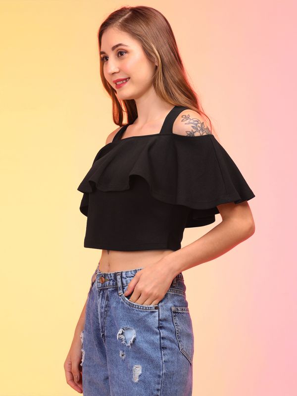 Globus Women Black Off Shoulder Bardot Crop Top