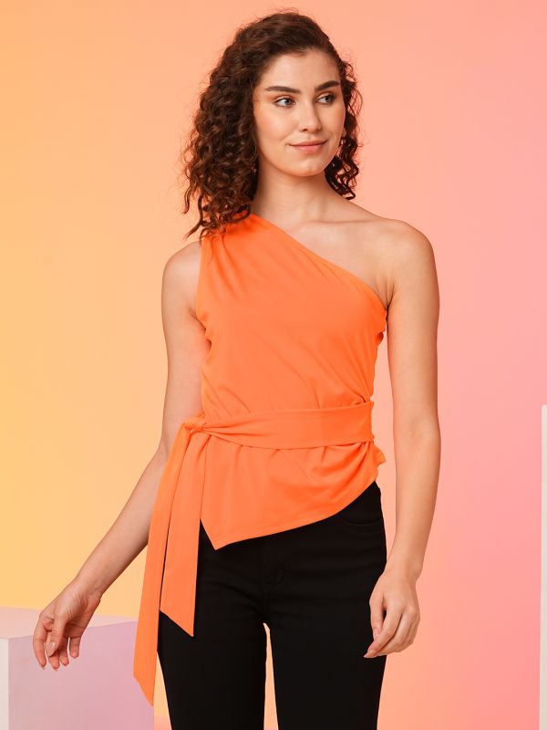 Globus Women Orange One Shoulder Waist Tie Up Party Top