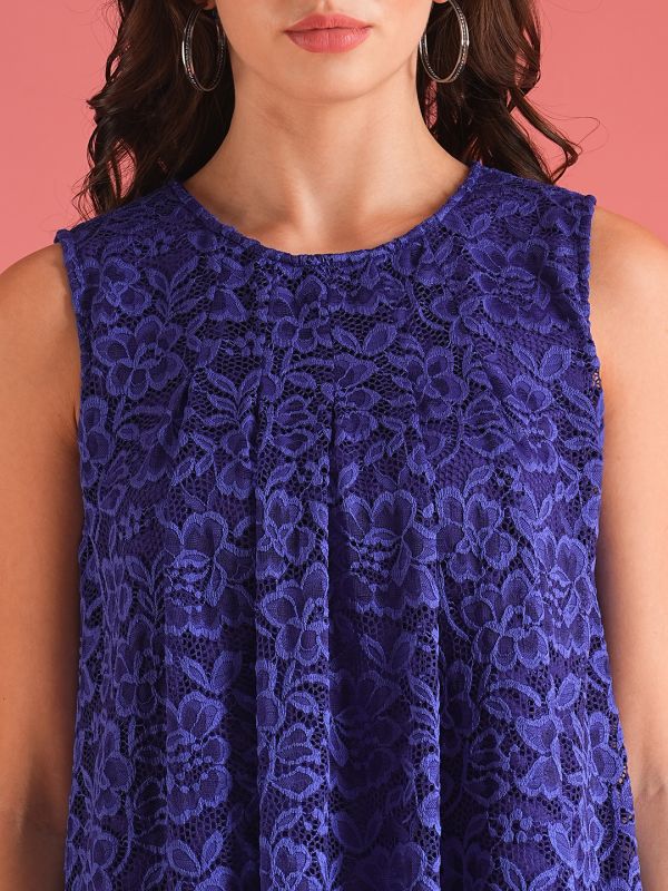 Globus Women Blue Pleated Floral Design Lace Party Top