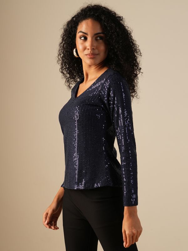 Globus Women Navy Blue V-Neck Sequinned Party Top