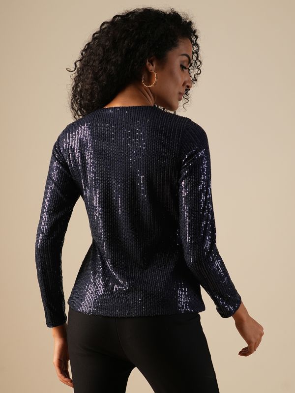 Globus Women Navy Blue V-Neck Sequinned Party Top