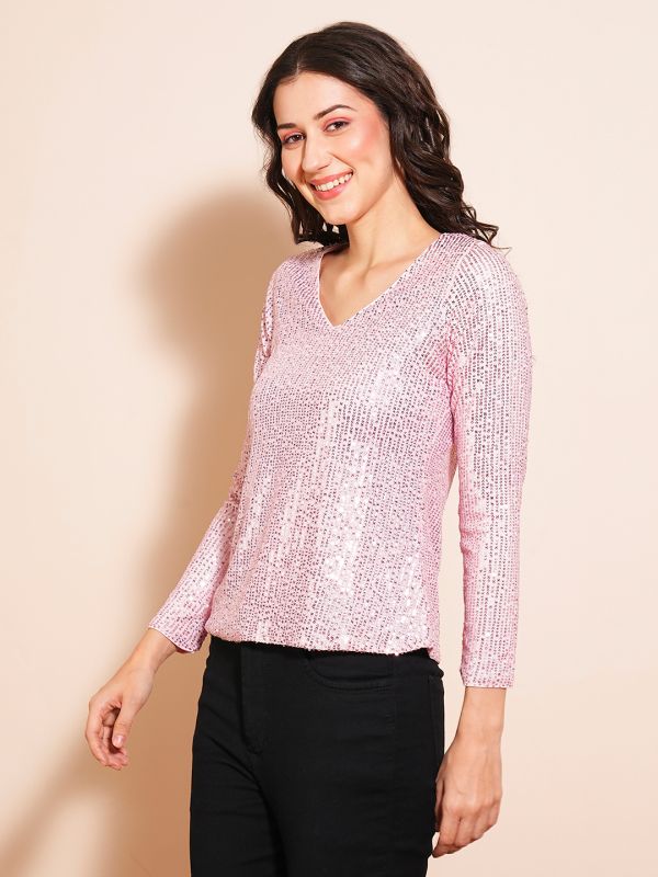 Globus Women Pink Embellished Sequined Long Sleeve Regular Party Top