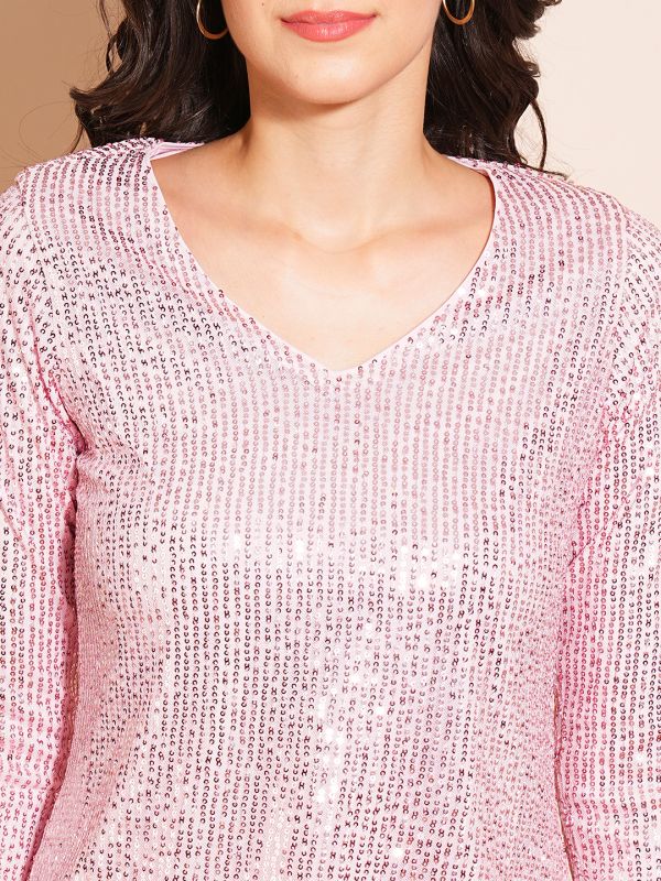 Globus Women Pink Embellished Sequined Long Sleeve Regular Party Top