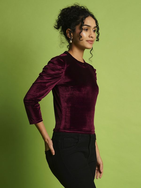 Globus Women Burgundy Solid Velvet Round Neck Puff Sleeve Party Top