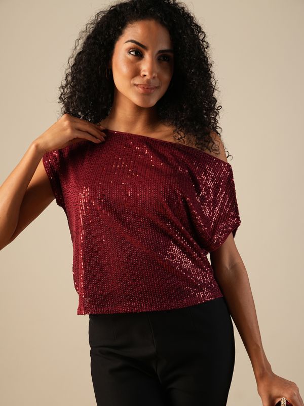 Globus Women Maroon One Shoulder Extended Sleeve Sequinned Party Top