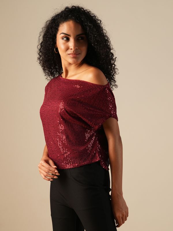 Globus Women Maroon One Shoulder Extended Sleeve Sequinned Party Top