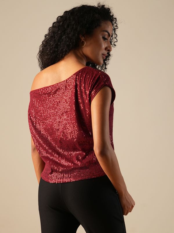 Globus Women Maroon One Shoulder Extended Sleeve Sequinned Party Top