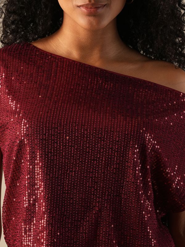 Globus Women Maroon One Shoulder Extended Sleeve Sequinned Party Top