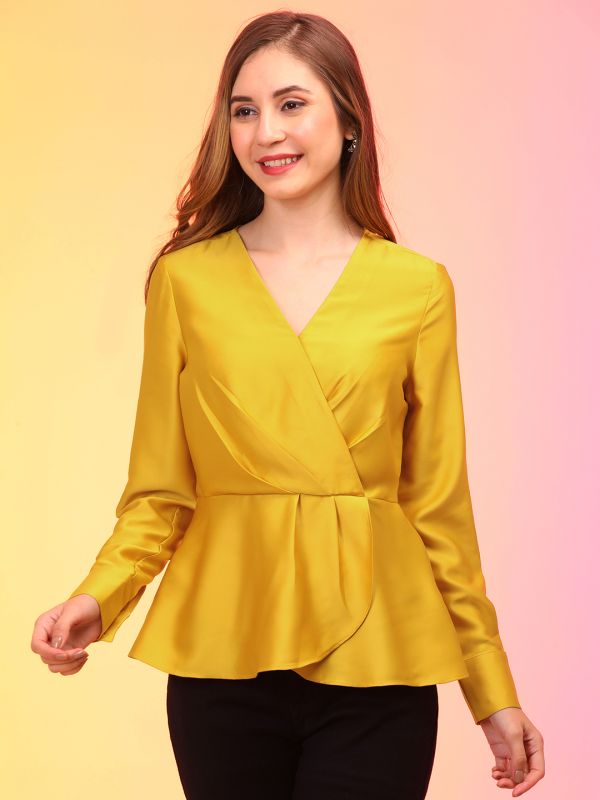 Globus Women Yellow Wrap Neck Cuffed Sleeves Pleated Satin Workwear Top