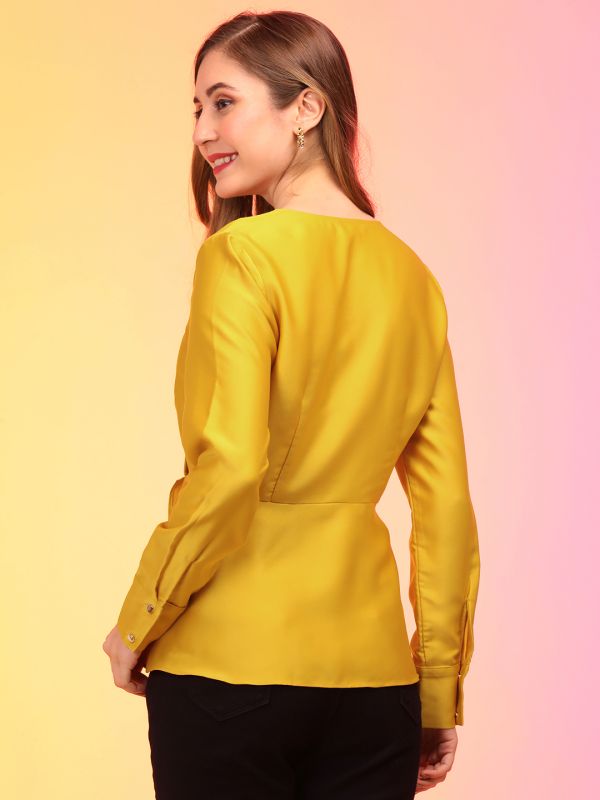 Globus Women Yellow Wrap Neck Cuffed Sleeves Pleated Satin Workwear Top