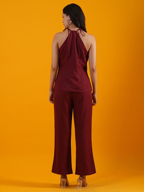 Globus Women Maroon Halter Neck Front Slits Moss Crepe Workwear Top With Trousers Co-Ord Set