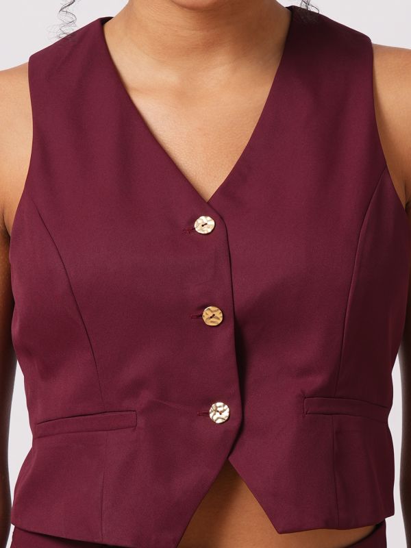 Globus Women Maroon V-Neck Front Pockets Detail Vest With Pleated Trousers Workwear Co-Ord Set