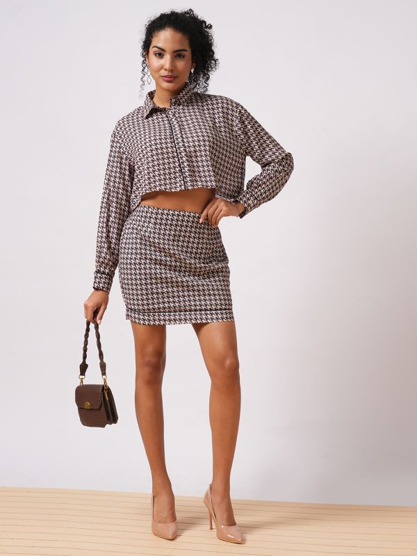 Globus Women Black Houndstooth Print Cuffed Sleeves Crop Shirt With High-Rise Mini Skirt Workwear Co-Ord Set