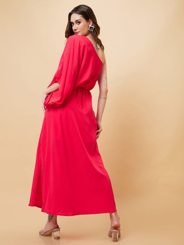 Globus Women Pink Solid One Shoulder Oversized Fit and Flare Maxi Dress