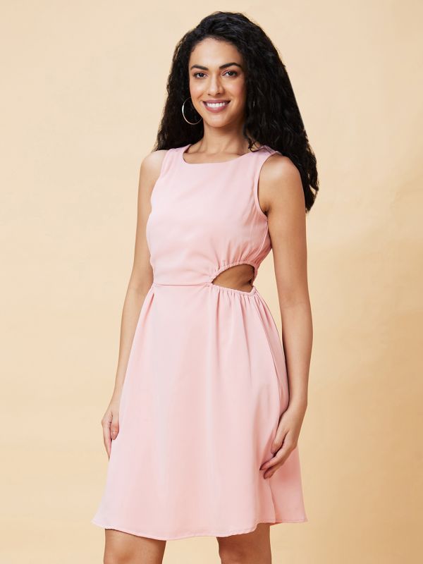 Globus Women Pink Solid Waist Cut Out Party A-Line Dress 