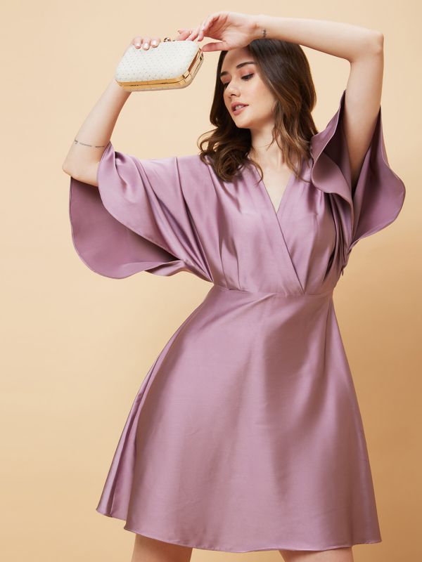 Globus Women Mauve Wrap Neck Flared Sleeves A-Line Party Dress