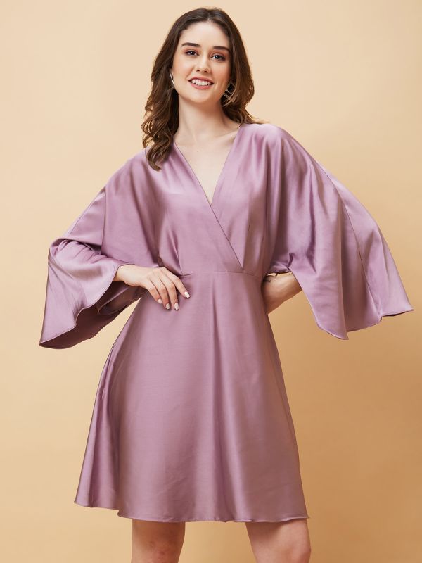 Globus Women Mauve Wrap Neck Flared Sleeves A-Line Party Dress