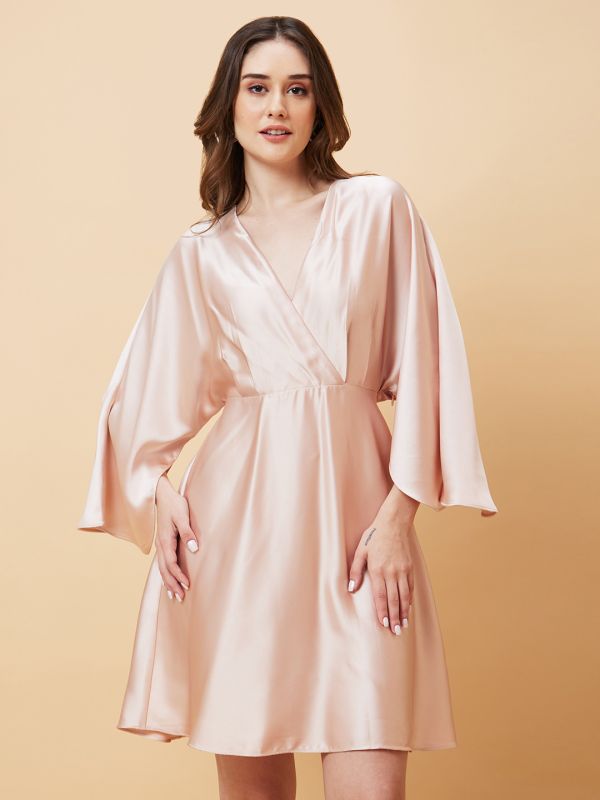 Globus Women Nude V-Neck Kimono Sleeves Pleated A-Line Party Dress