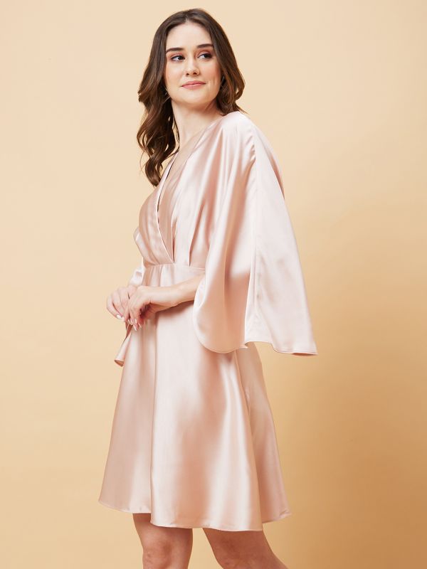 Globus Women Nude V-Neck Kimono Sleeves Pleated A-Line Party Dress