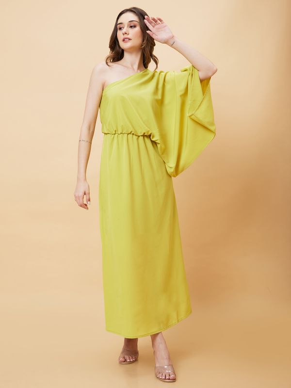 Globus Women Yellow Kimono Sleeves One Shoulder Gathered Waist Fit & Flare Side Slit Maxi Dress