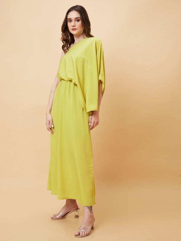 Globus Women Yellow Kimono Sleeves One Shoulder Gathered Waist Fit & Flare Side Slit Maxi Dress