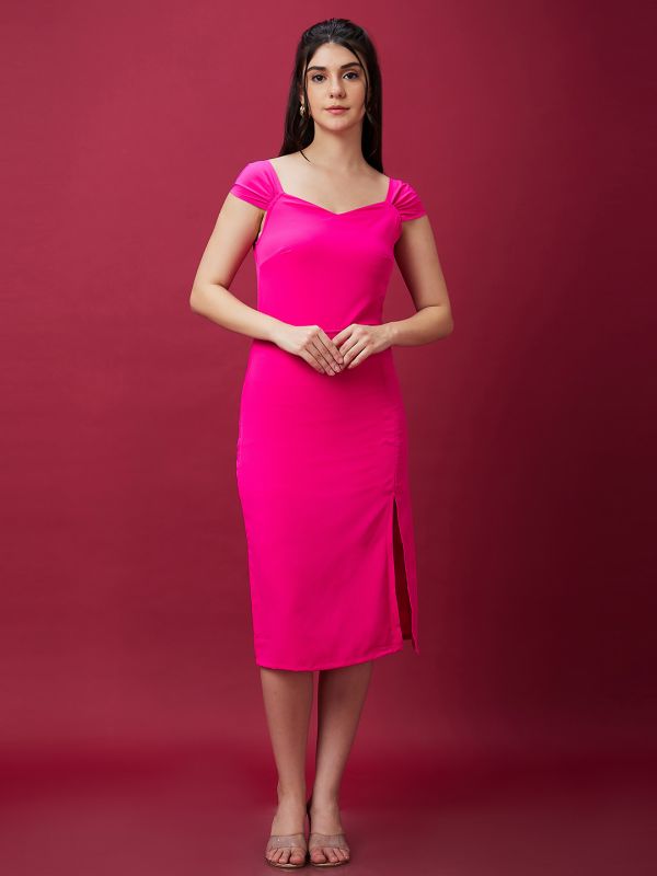 Globus Women Pink Sweetheart Neck Cap Sleeves Midi Dress