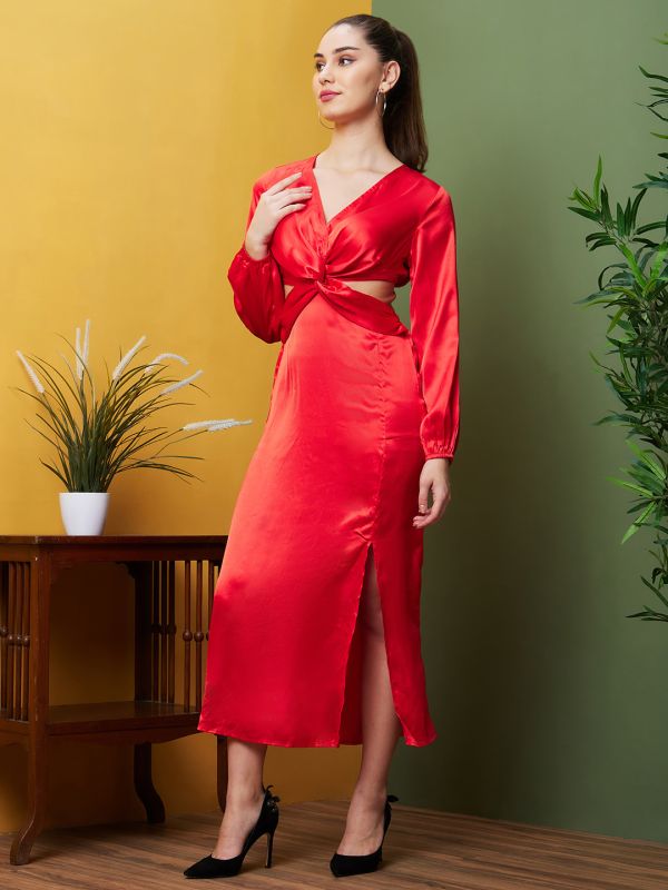 Globus Women Red V-Neck Bishop Sleeves Cut-Outs Side Slits A-Line Midi Party Dress