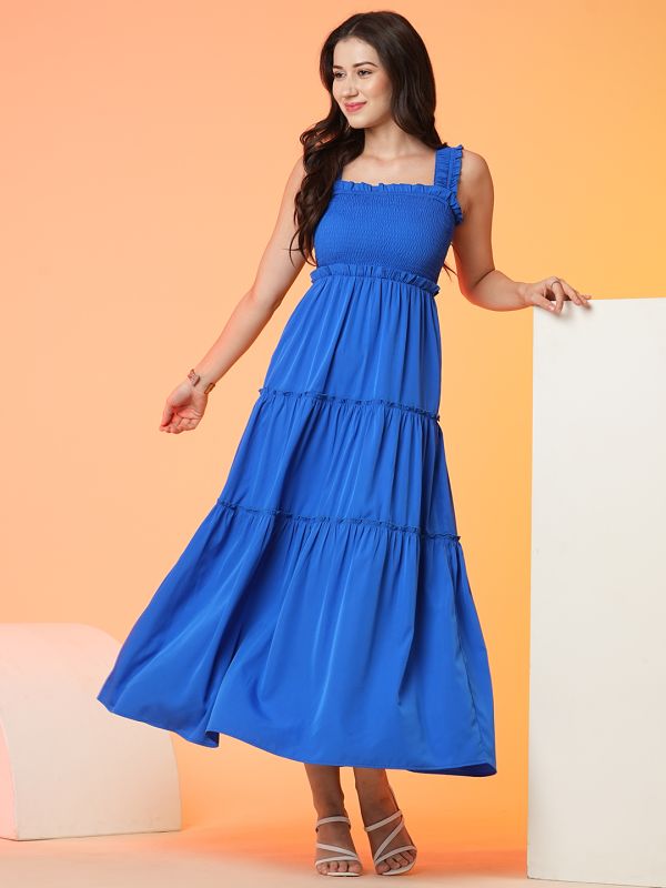 Globus Women Blue Square Neck Strappy Shoulder Smocked Tiered Fit & Flare Maxi Dress