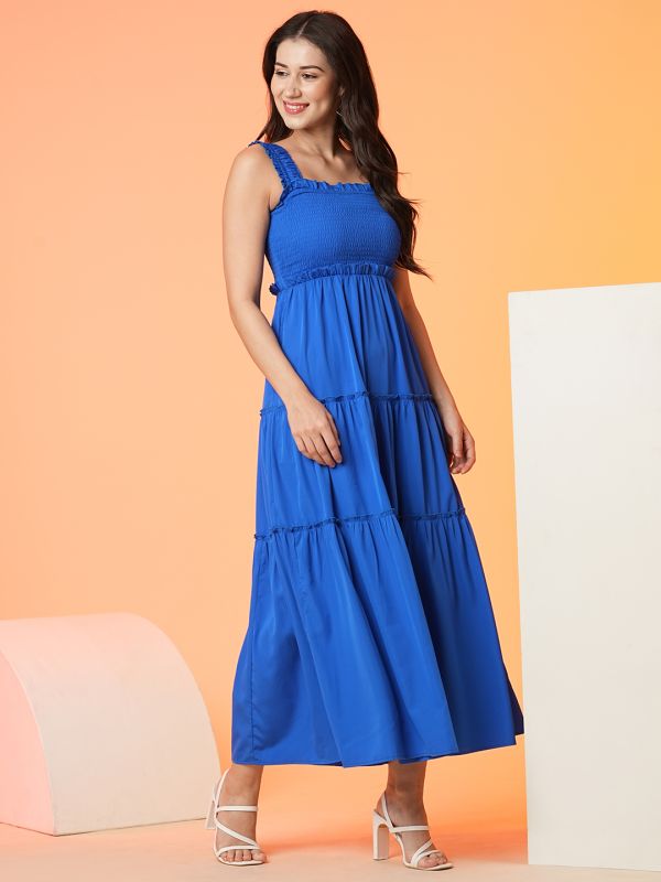 Globus Women Blue Square Neck Strappy Shoulder Smocked Tiered Fit & Flare Maxi Dress