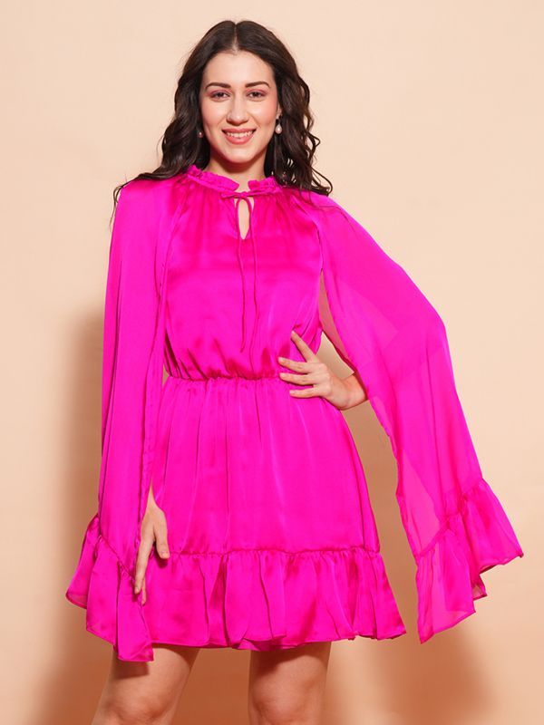 Globus Women Pink Frilled Tie-Up Neck Long Cape Sleeves Tiered Fit & Flare Party Dress