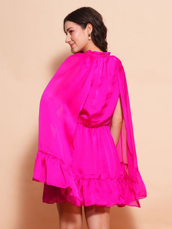 Globus Women Pink Frilled Tie-Up Neck Long Cape Sleeves Tiered Fit & Flare Party Dress