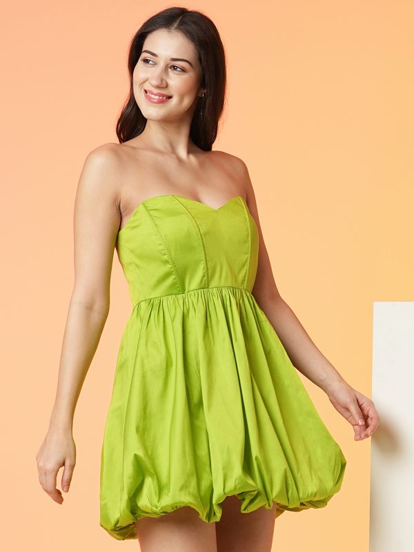 Globus Women Lime Green Strapless Sweetheart Neck Panelled Balloon Party Dress