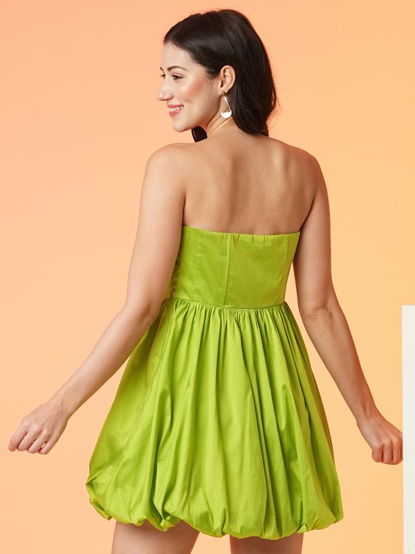 Globus Women Lime Green Strapless Sweetheart Neck Panelled Balloon Party Dress