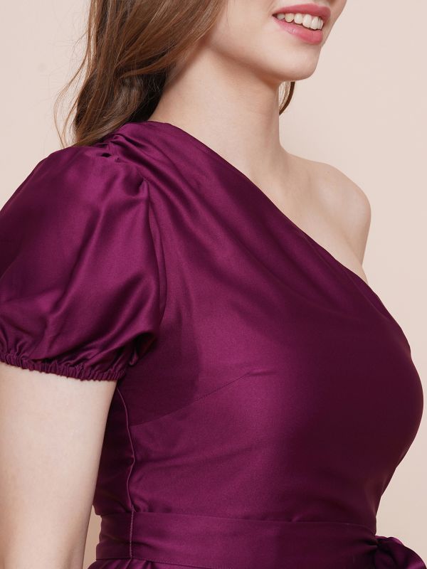 Globus Women Purple One Shoulder Puff Sleeves Waist Tie-Up Side Ruched Sheath Party Dress