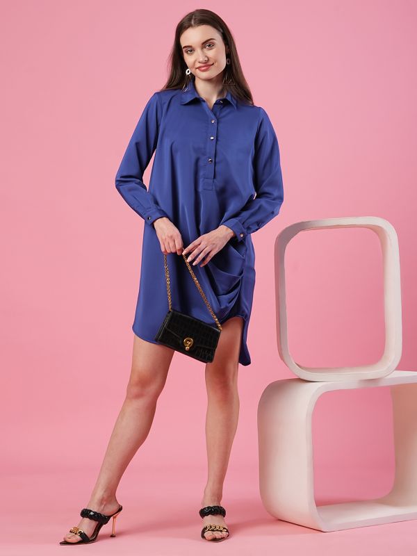 Globus Women Blue Shirt Collar Above Knee Party Dress