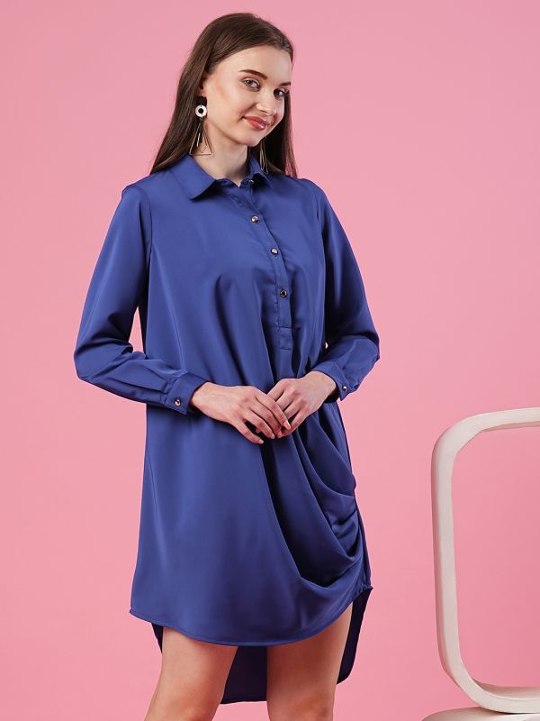 Globus Women Blue Shirt Collar Above Knee Party Dress