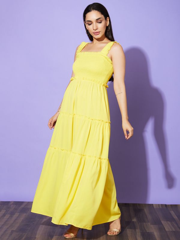 Globus Women Yellow Square Neck Strappy Shoulder Smocked Tiered Fit & Flare Maxi Dress