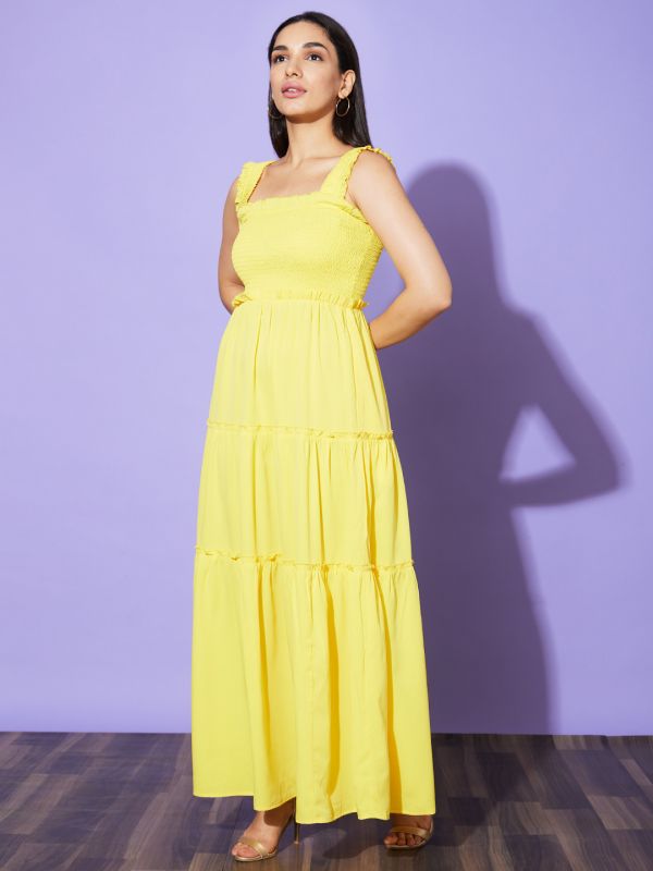 Globus Women Yellow Square Neck Strappy Shoulder Smocked Tiered Fit & Flare Maxi Dress