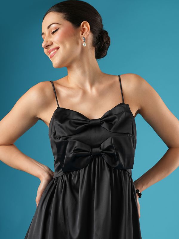 Globus Women Black Sweetheart Neck Shoulder Straps Bow Detail Gathered A-Line Party Dress